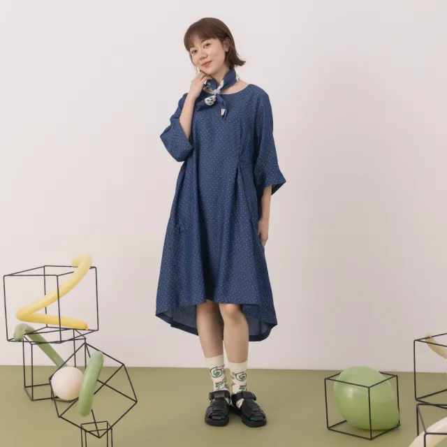 【MOSS CLUB】M小兔織標前短後長圓點牛仔洋裝(藍 深藍/魅力商品)
