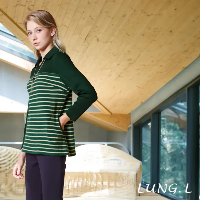 【LUNG.L 林佳樺】LT83A 綠白條紋拼接素面領口裝飾項鍊長版女裝上衣(秋冬新品 加大尺碼)