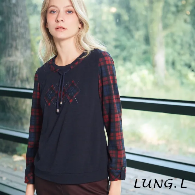 【LUNG.L 林佳樺】LT36A 藍色拼接格紋袖質感長袖女裝上衣(秋冬新品 加大尺碼 保暖)