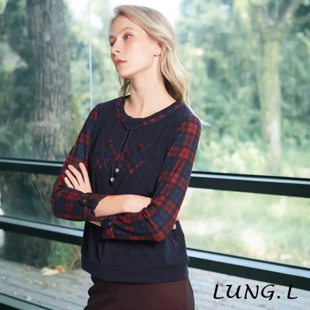 【LUNG.L 林佳樺】LT36A 藍色拼接格紋袖質感長袖女裝上衣(秋冬新品 加大尺碼 保暖)