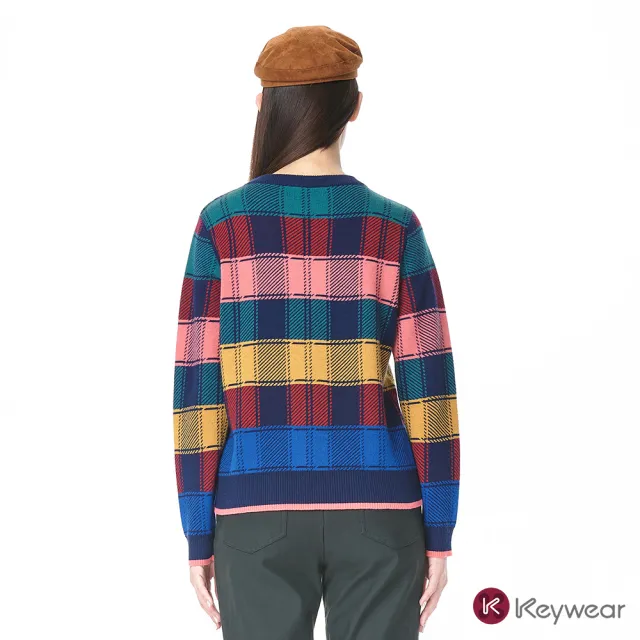 【KeyWear 奇威名品】彩色格紋拼接針織上衣