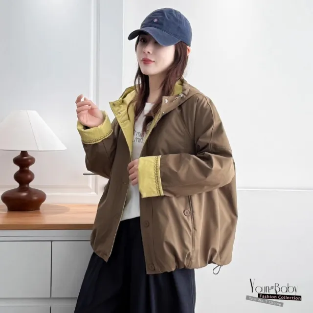 【YOUNGBABY】撞色滾邊菱格刺繡連帽保暖夾棉外套 中大尺碼女裝