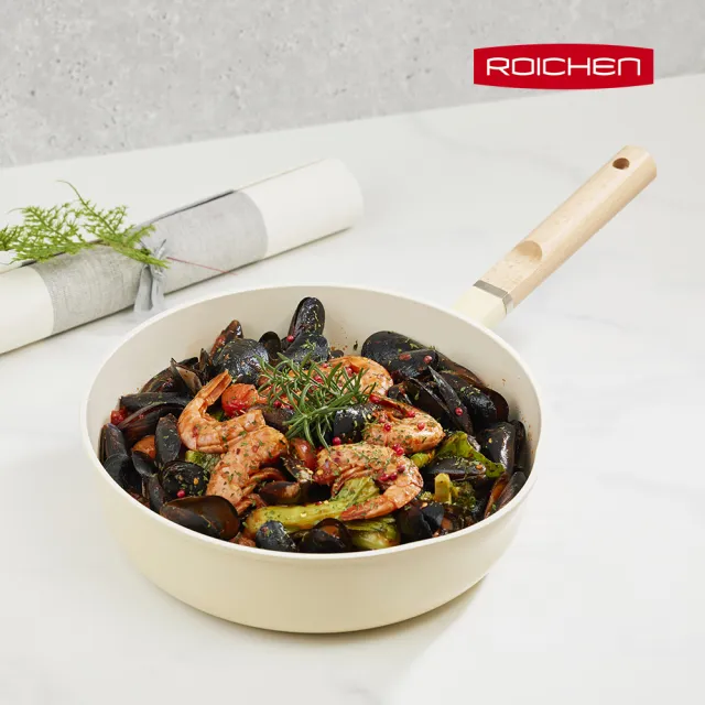 【Roichen】韓國抗菌陶瓷木柄不沾深炒鍋 28cm(IH爐/全火源適用陶瓷塗層不沾鍋)