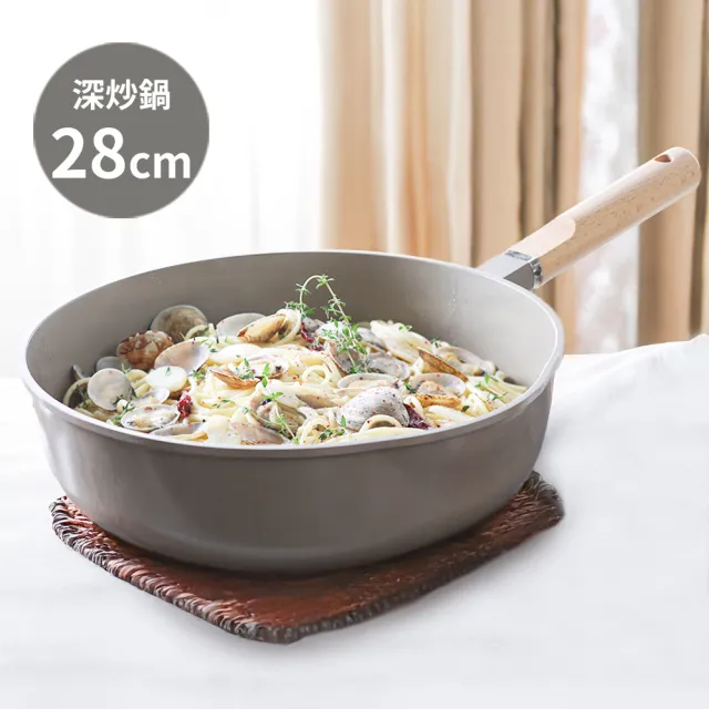 【Roichen】韓國抗菌陶瓷木柄不沾深炒鍋 28cm(IH爐/全火源適用陶瓷塗層不沾鍋)