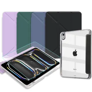 【VXTRA】2025/2024 iPad Pro 13吋 軍事防摔級 Y折晶透背蓋立架皮套+9H玻璃貼(合購價)