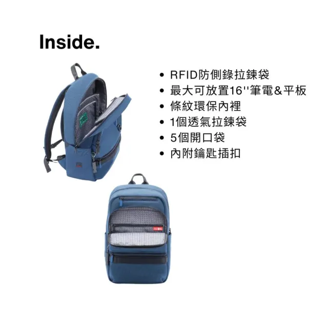 【BESIDE-U】後背包 上學/商務/通勤電腦包書包 大開口雙肩包 16吋筆電包 藍色(RFID防盜錄、防潑水)
