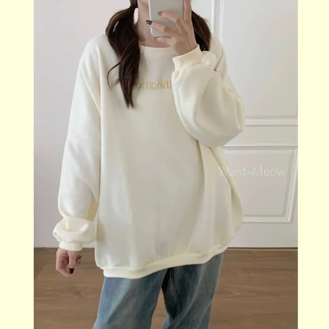 【Want-Meow】100公斤可穿/韓系鋪棉寬鬆長袖刺繡大學T(大碼/大尺碼/加大碼/長袖鋪棉大學T)