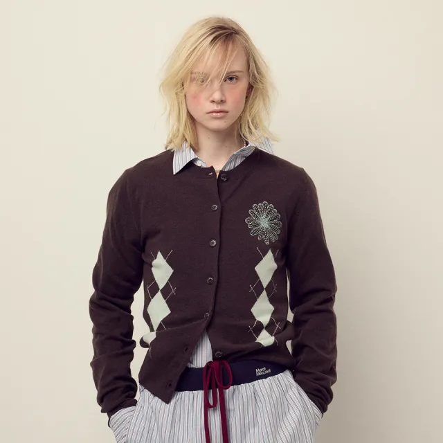 【MARDI MERCREDI】小雛菊針織衫 深咖啡色 薄荷綠色刺繡 CASHMERE BLENDED CARDIGAN ROUND NECK ARGYLE