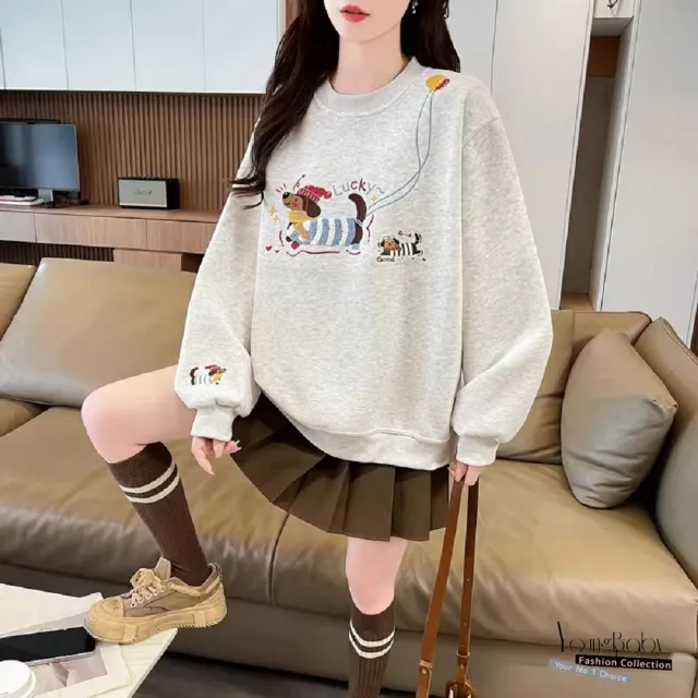 【YOUNGBABY】Lucky彩色刺繡狗狗氣球圓領織衣T 中大尺碼女裝