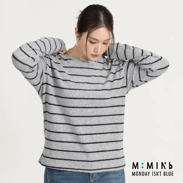 【M:MINb】momo獨家款★輕盈雲朵絨彈性條紋長袖T恤(灰色/中大尺碼女裝/XL女裝/T恤/大尺碼上衣)