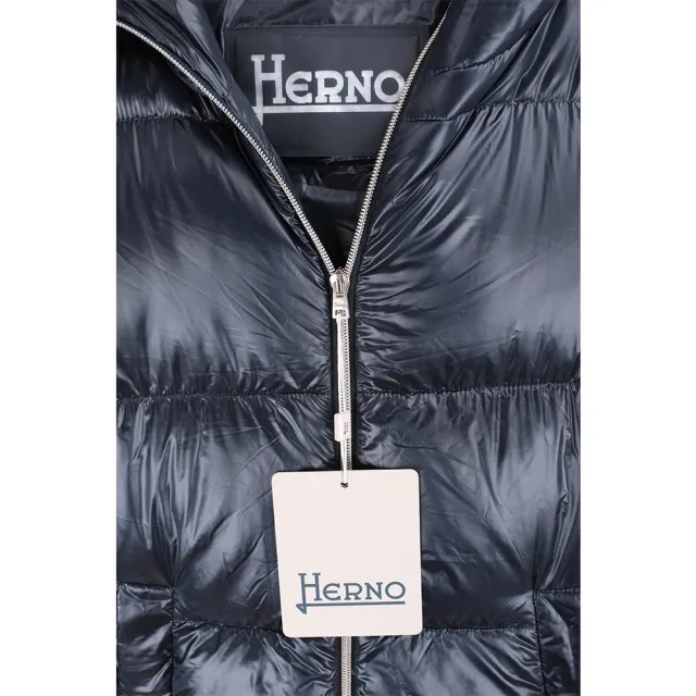 【HERNO】海軍藍 20D輕量防水尼龍 長版 連帽羽絨外套 大衣-女款(連帽大衣 義大利頂級羽絨)