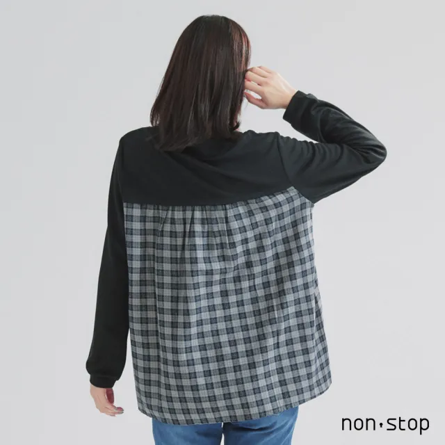 【non-stop】格紋拼接抽繩寬擺T恤-2色