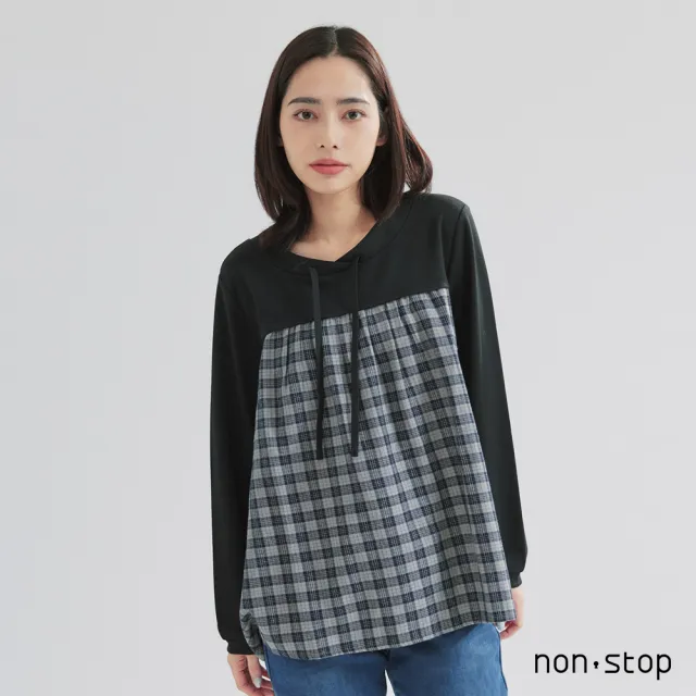 【non-stop】格紋拼接抽繩寬擺T恤-2色