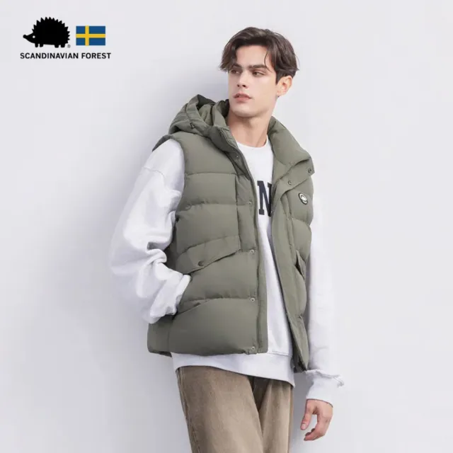 【SCANDINAVIAN FOREST 北歐小刺蝟】機能多口袋鋪棉背心 秋冬 保暖 立領 防風 輕量 背心 可拆式連帽(軍綠)