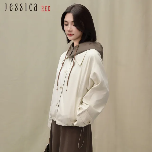 【Jessica Red】休閒拼接連帽短款風衣外套R54006（米）