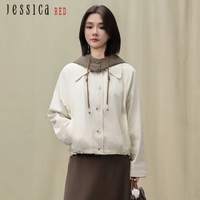 【Jessica Red】休閒拼接連帽短款風衣外套R54006（米）