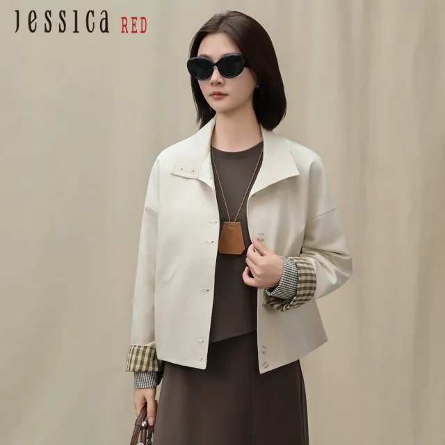 【Jessica Red】休閒百搭拼接格紋短款風衣外套R54008(米)