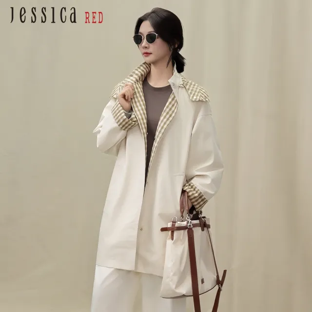 【Jessica Red】寬鬆休閒拼接格紋中長款風衣外套R54005（米）