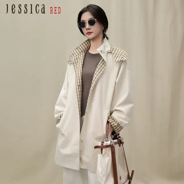 【Jessica Red】寬鬆休閒拼接格紋中長款風衣外套R54005(米)