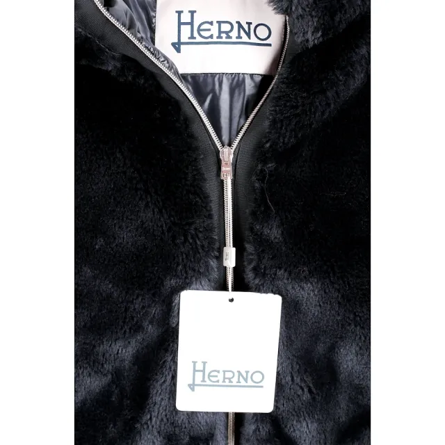 【HERNO】TEDDY 黑色人造生態皮草 羽絨外套(羽絨 外套 義大利頂級羽絨)