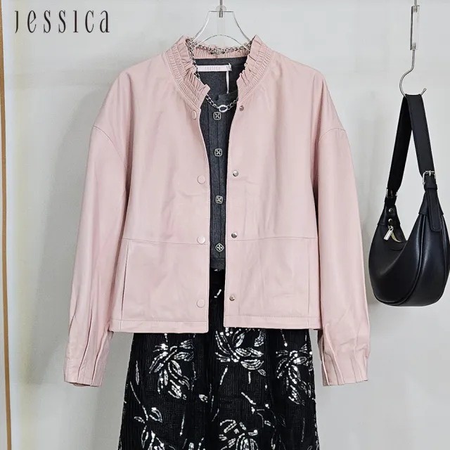 【JESSICA】氣質柔軟羊皮修身木耳邊領短款皮衣外套J54008（黑/粉）