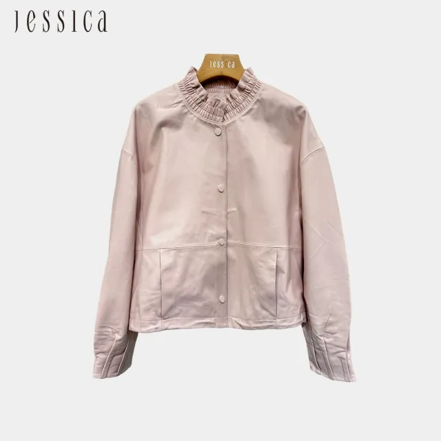 【JESSICA】氣質柔軟羊皮修身木耳邊領短款皮衣外套J54008（黑/粉）