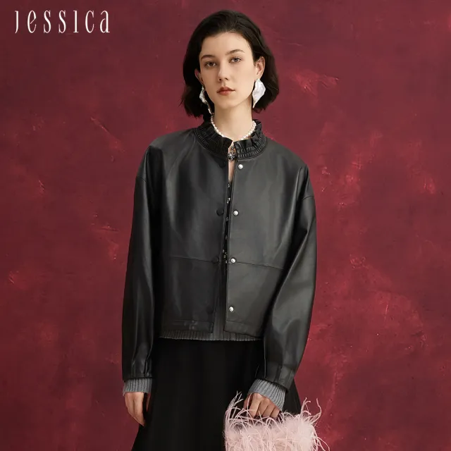 【JESSICA】氣質柔軟羊皮修身木耳邊領短款皮衣外套J54008（黑/粉）