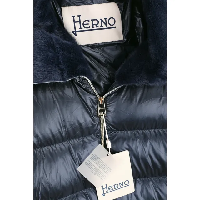 【HERNO】深藍色立領絎縫 20D輕盈防水尼龍 皮草內裡 羽絨外套(羽絨 皮草 義大利頂級羽絨)