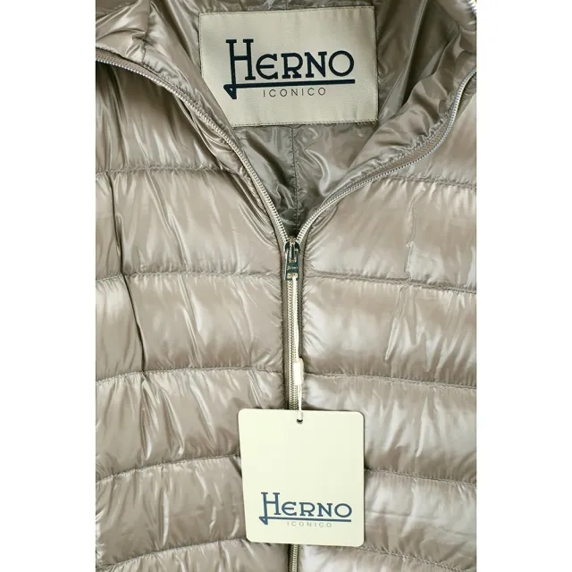 【HERNO】CLAUDIA 灰棕毛茸高領 衍縫修身 羽絨外套 大衣-女款(羽絨 外套 義大利頂級羽絨)