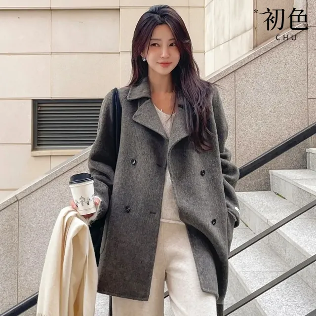 【初色】法式氣質綁帶毛呢翻領雙排釦長袖大衣外套女外套-共色-17339(F可選)