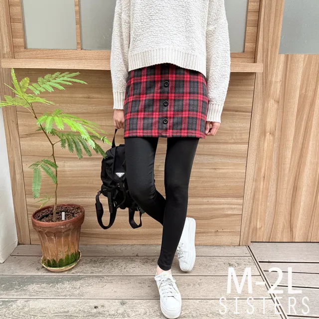【SISTERS】英倫格紋假兩件短裙磨毛內搭褲/M-2L(冬新品/女長褲/短裙/磨毛/長褲/保暖/顯瘦)