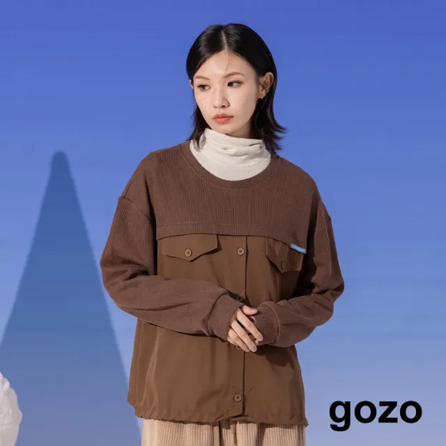 【gozo】MOMO獨家款★限量開賣 異材質拼接抽繩傘狀大學T(兩色)