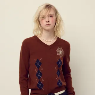 【MARDI MERCREDI】V領針織衫 栗色 小雛菊刺繡 象牙白 CASHMERE BLENDED V NECK ARGYLE