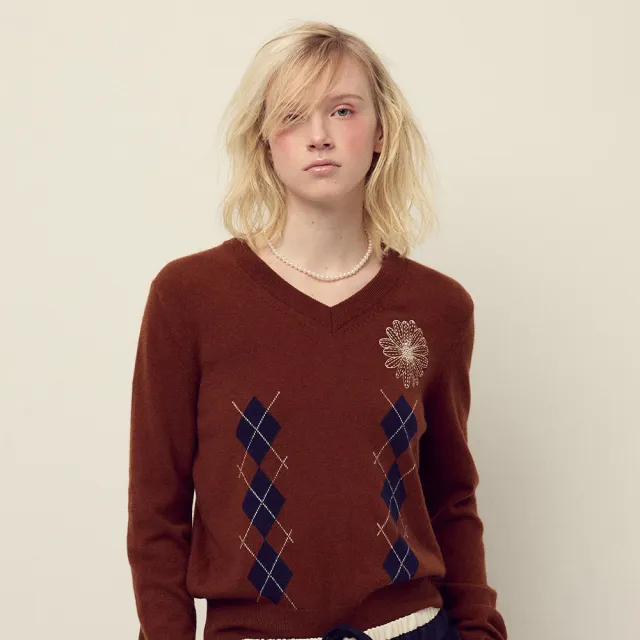 【MARDI MERCREDI】V領針織衫 栗色 小雛菊刺繡 象牙白 CASHMERE BLENDED V NECK ARGYLE