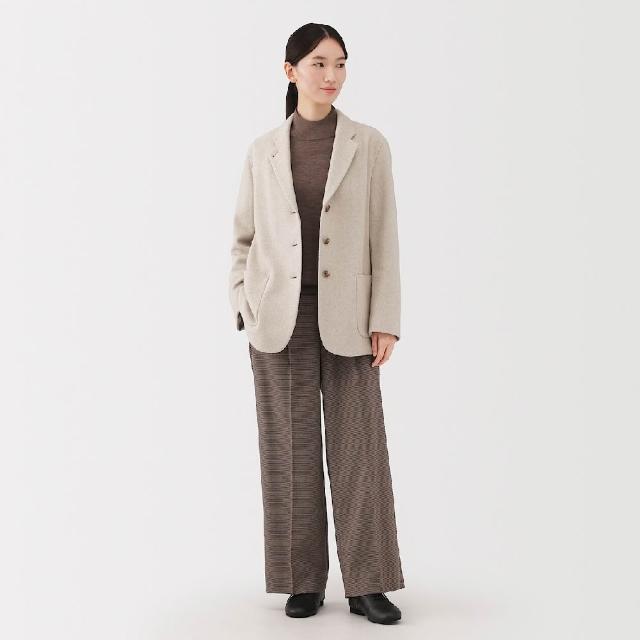 【MUJI 無印良品】女再生羊毛混粗花呢外套(米黃/棕紋樣)
