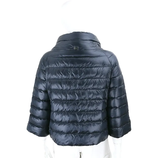 【HERNO】AMINTA 漏斗領絎縫隱形按釦深藍色9分袖羽絨外套(義大利精品 羽絨衣 外套)