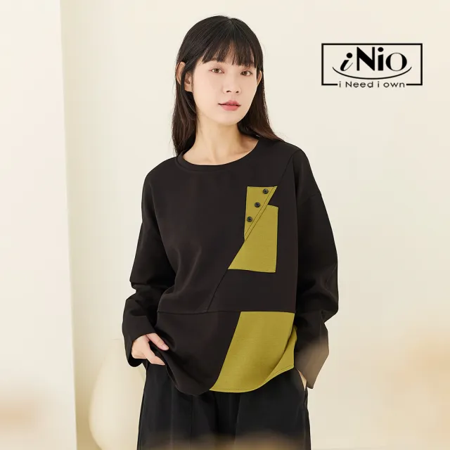 【iNio 衣著美學】撞色拼接修身長袖上衣 不對稱下襬 寬鬆舒適棉T(CEW1823)