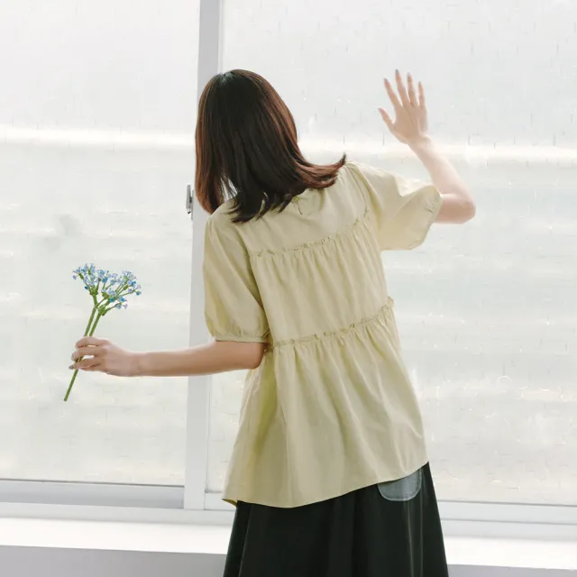 【Dailo】花苞袖泡泡布襯衫(藍 綠 米)