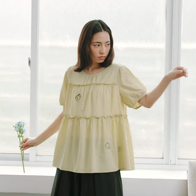 【Dailo】花苞袖泡泡布襯衫(藍 綠 米)