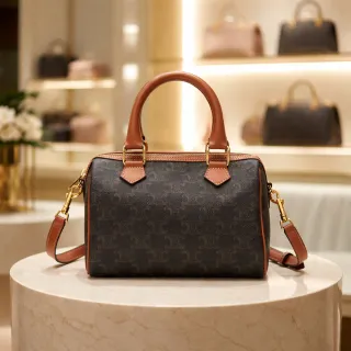 【CELINE】帆布老花皮革飾邊小號波士頓包 手提 肩/斜背包