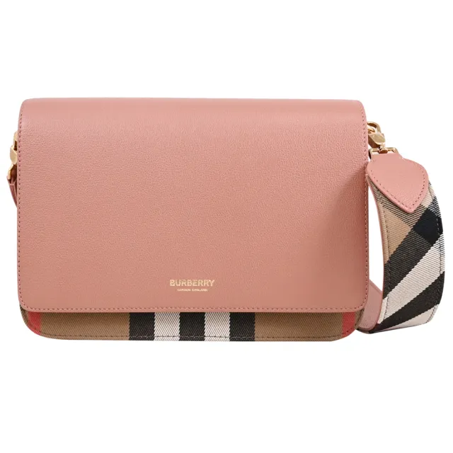 【BURBERRY 巴寶莉】Mackford 英系燙印LOGO經典格紋拼接寬背帶斜背包(粉)