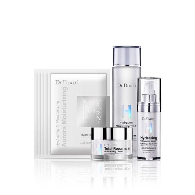 Dr.Douxi朵璽 澎潤爆水組包含透顏露150ml、玻尿酸精華30ml、全效霜30ml及保水面膜5片，專為密集補水設計。獨特的「一抹化水」劑型能迅速滲透肌底，建立鎖水屏障，提升肌膚防護力。無酒精、無香精、不新增色料，適合敏感肌使用，帶來彈潤與水潤的雙重修護效果。