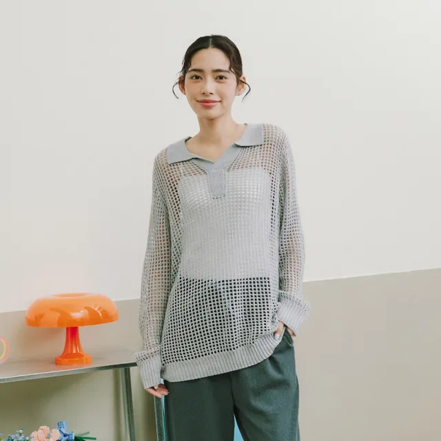 【Dailo】POLO翻領鏤空洞洞長版針織上衣(藍 駝 灰/魅力商品)