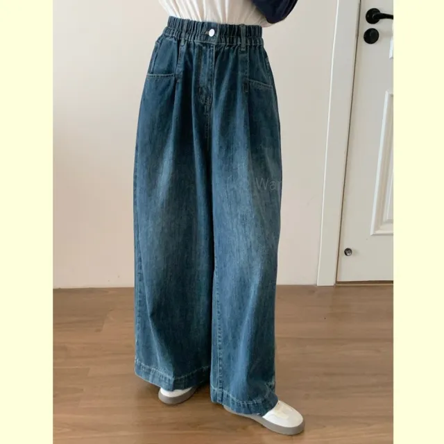 【Want-Meow】90公斤可穿/百搭神器高腰鬆緊舒適牛仔寬褲(大碼/大尺碼/加大碼/牛仔寬褲/下著)