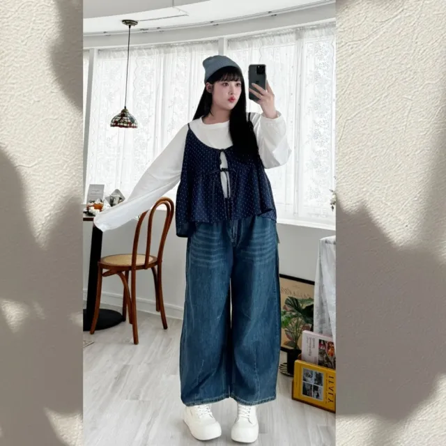 【Want-Meow】80公斤可穿/百搭神器高腰鬆緊舒適寬鬆9分牛仔寬褲(大碼/大尺碼/加大碼/牛仔寬褲/下著)