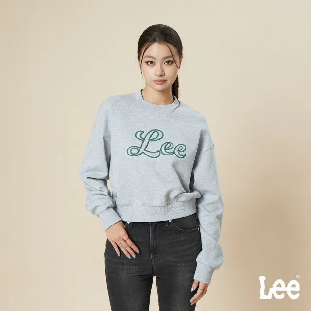 【Lee】女裝 長袖厚T / 短版 刺繡草寫大LOGO 礦石灰 季節性版型(LB511008348)