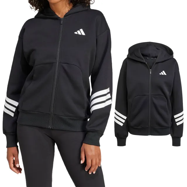 【adidas 愛迪達】W FI 3S FZ HD 女款 黑色 連帽 拉鍊 夾克 運動 休閒 外套 JE0171