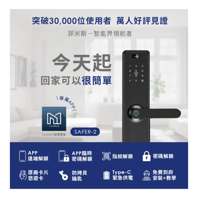 【FAMMIX菲米斯】全配組★六合一指紋Wi-Fi電子鎖+室內電子鎖+500萬畫素監視器(僅含大鎖安裝)