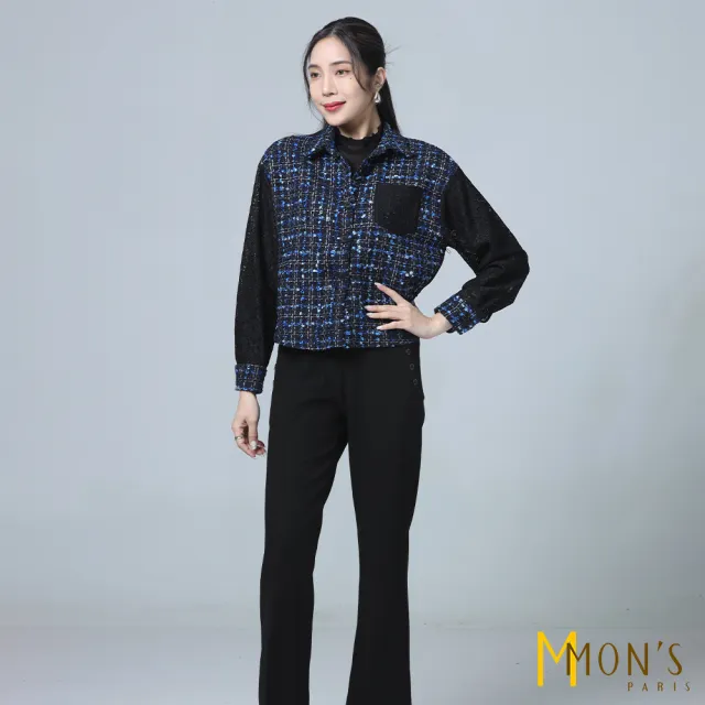 【MON’S】小香風拼接蕾絲袖上衣