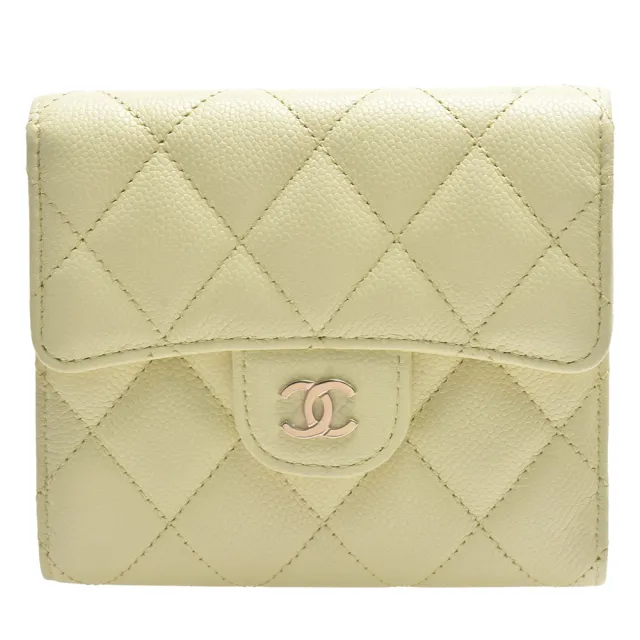 【CHANEL 香奈兒】經典金色雙C LOGO菱格粒紋牛皮釦式短夾(嫩黃色AP0231C-BABY YELLOW-GP)
